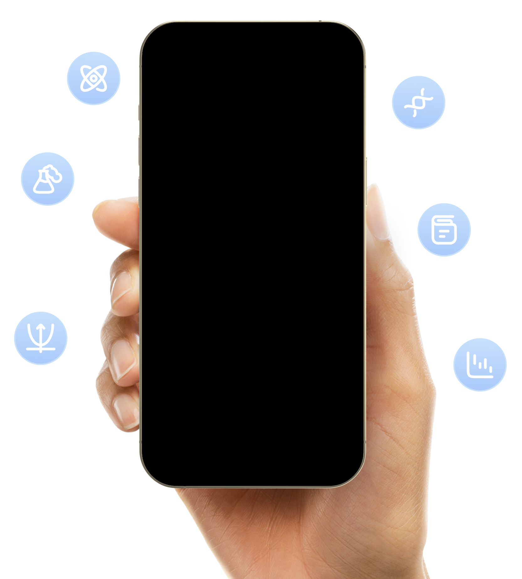 A hand holding a smartphone surrounded by icons representing school subjects